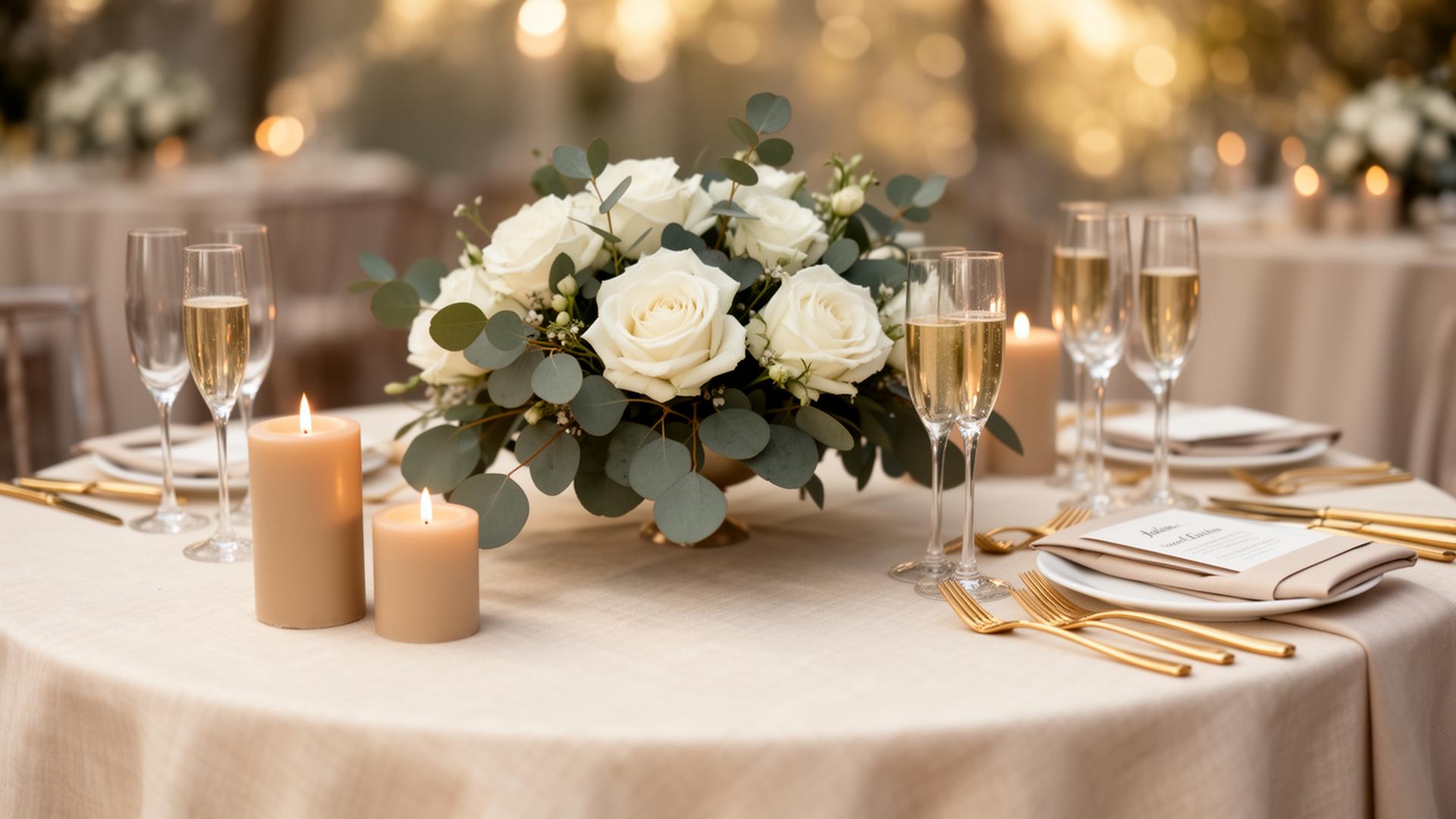 Mesa de recepção elegante com flores e velas